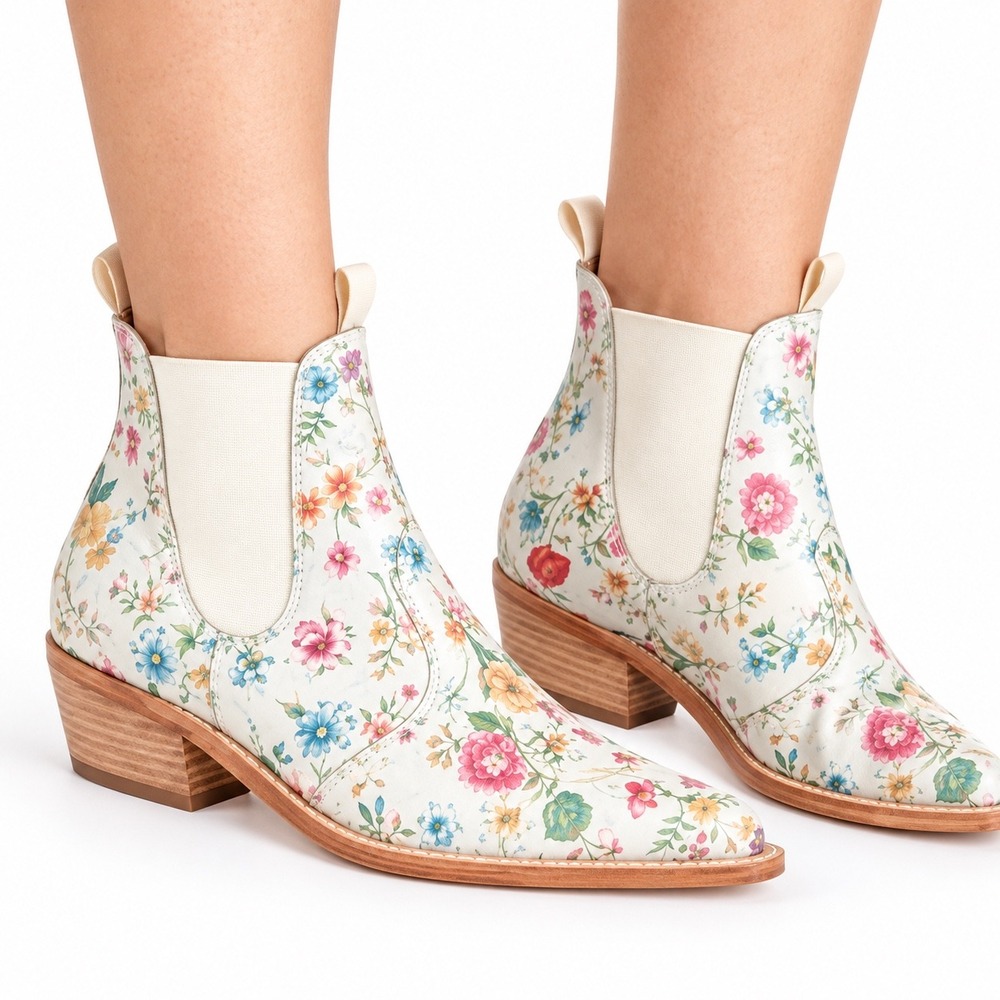Free People Chelsea Boots Womens 37 White Floral Western Leather Ankle Booties